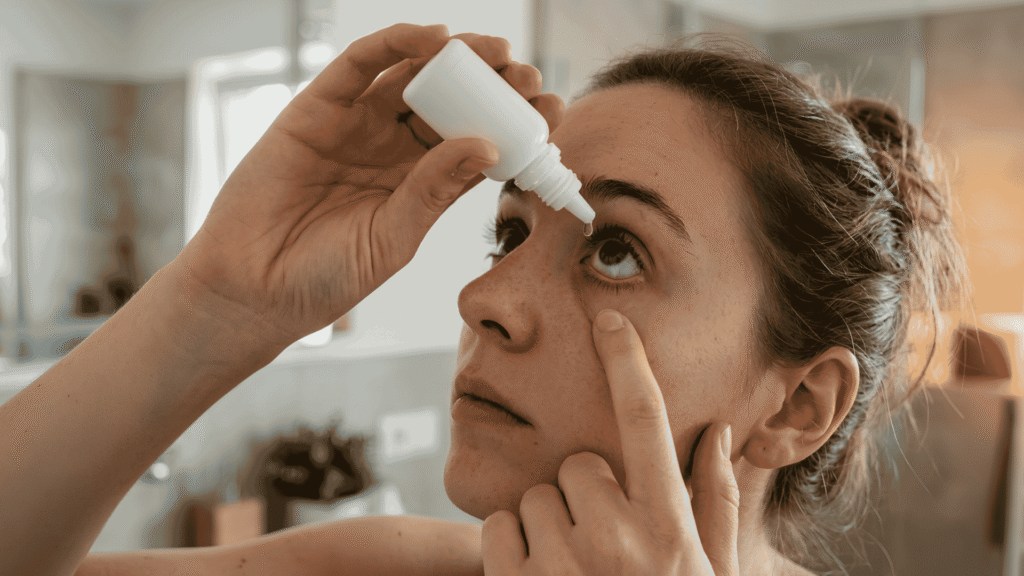 Person applying Rohto Eye Drops into one eye after the FDA recall over sterility concerns.