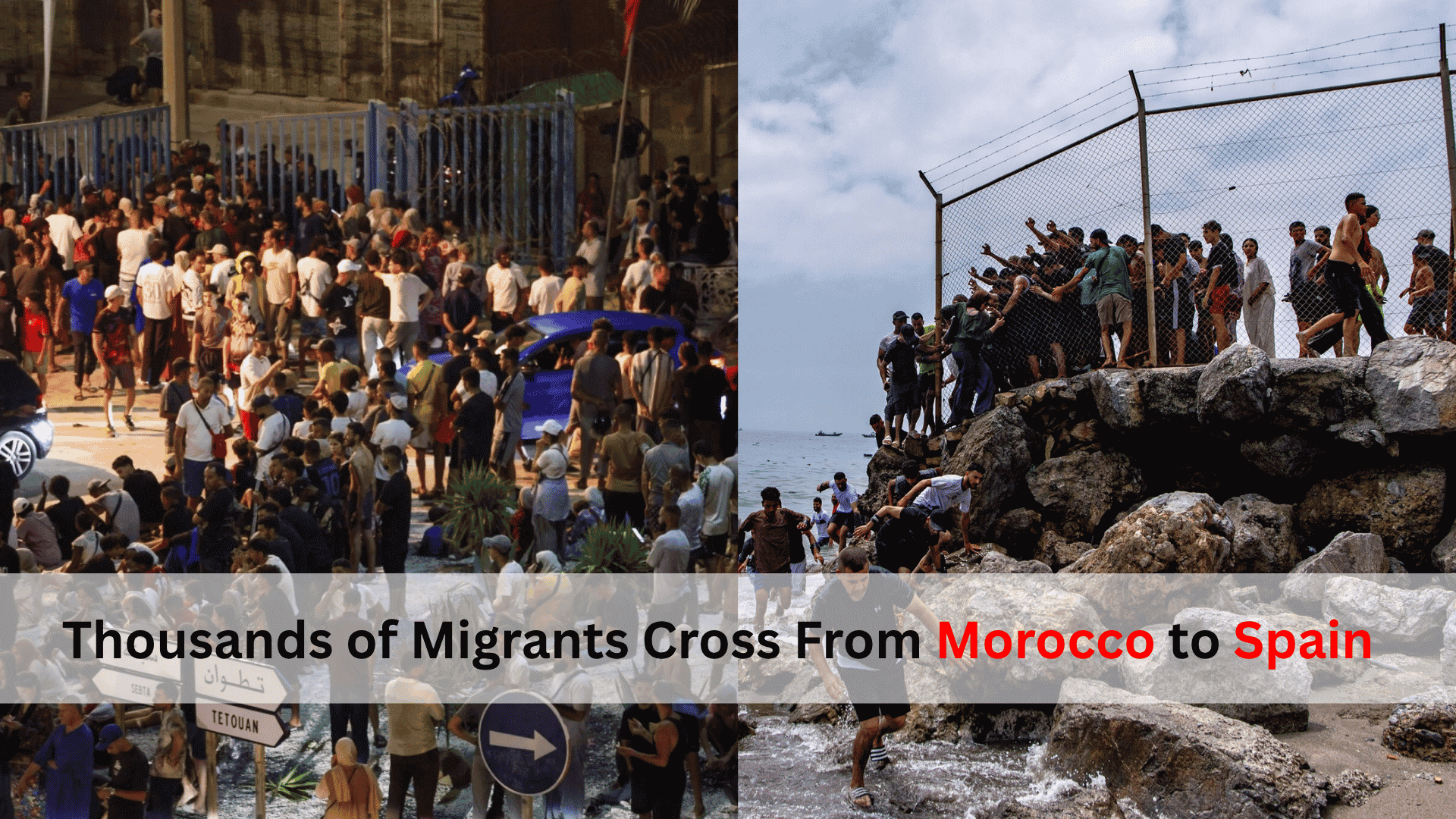 Thousands of migrants cross from Morocco into Spain's Ceuta enclave during the 2026 border crisis.