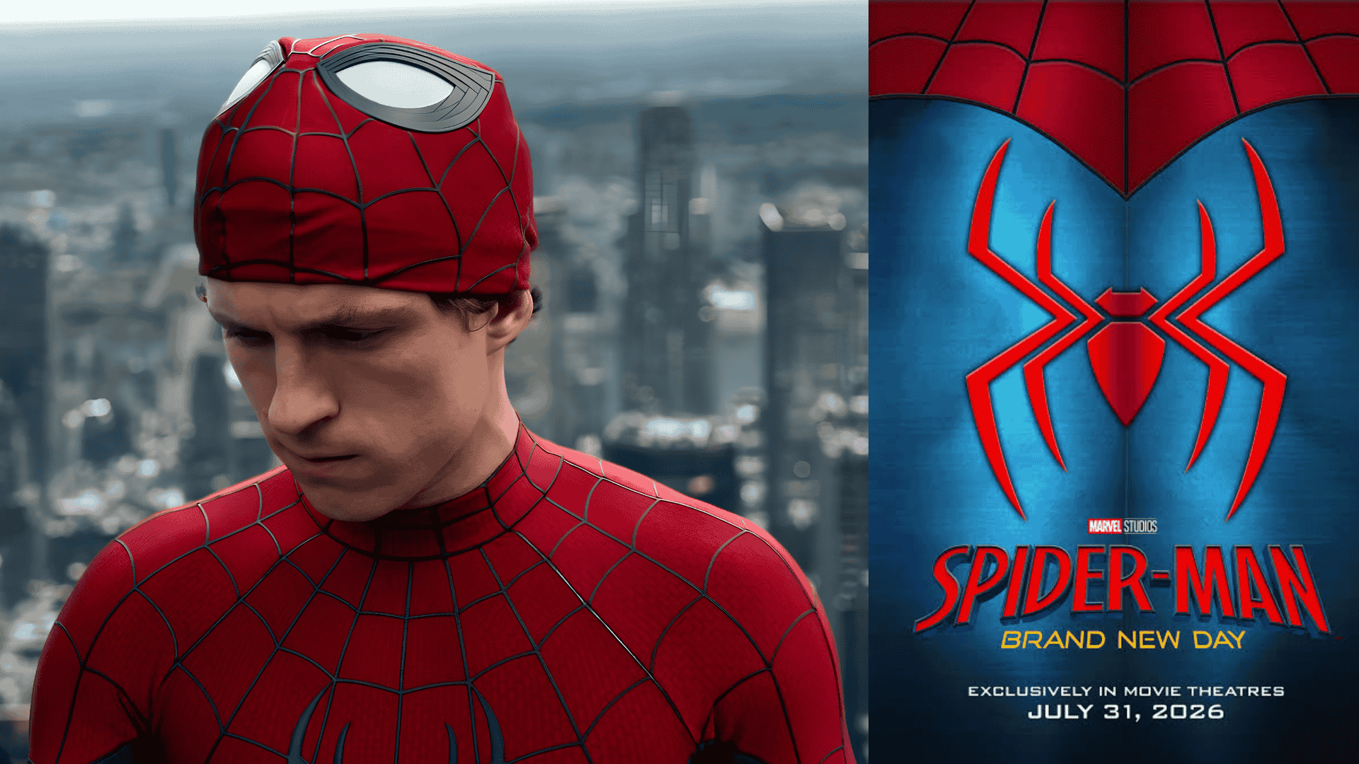 Spider-Man: Brand New Day poster featuring Tom Holland as Spider-Man alongside the official Marvel Studios logo, promoting the 2026 MCU film.