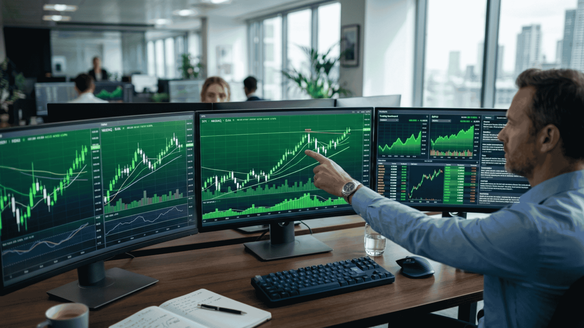 Motilal Oswal stock market analysis displayed on multiple trading monitors in a modern financial office.