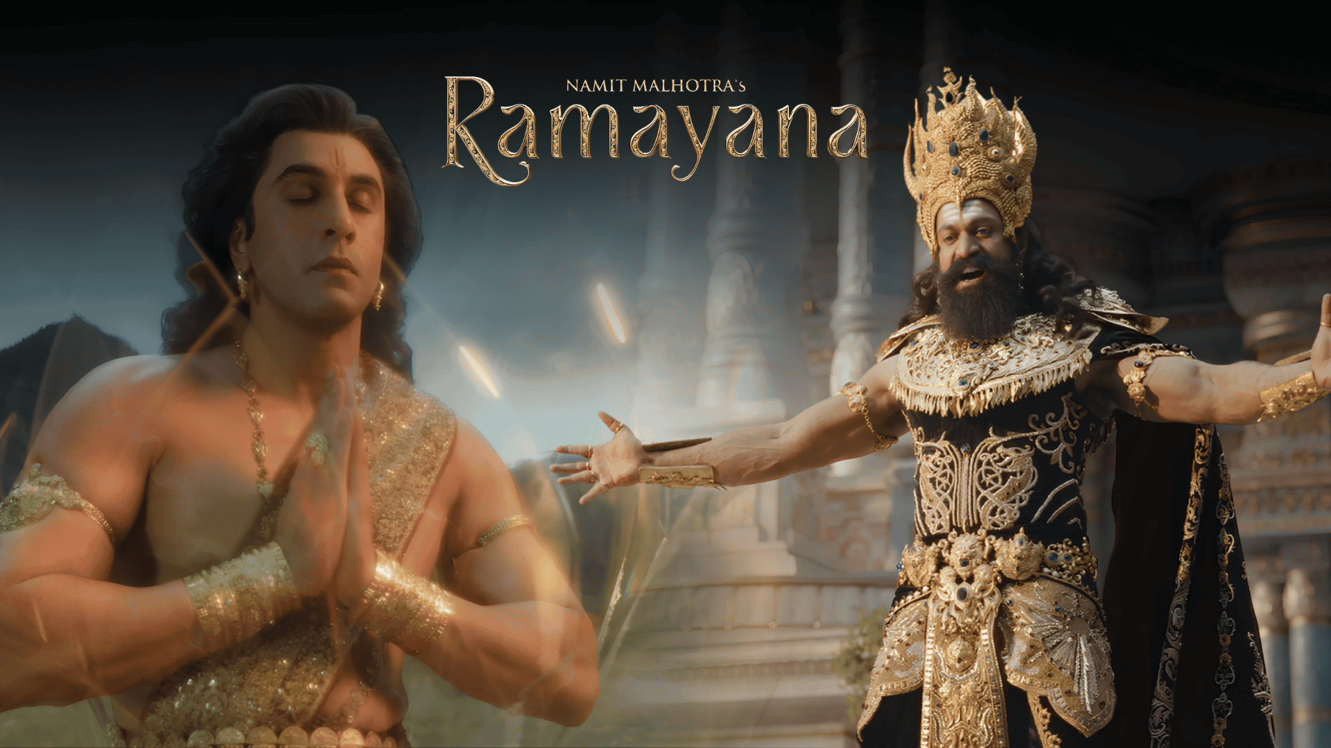 Ramayana Trailer featuring Ranbir Kapoor as Lord Rama in meditation and Yash as Ravana in a grand palace, showcasing the epic first look of Nitesh Tiwari's mythological film.