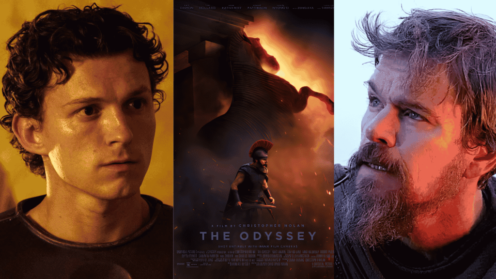 Christopher Nolan's The Odyssey featuring Tom Holland, the official movie poster, and Matt Damon
