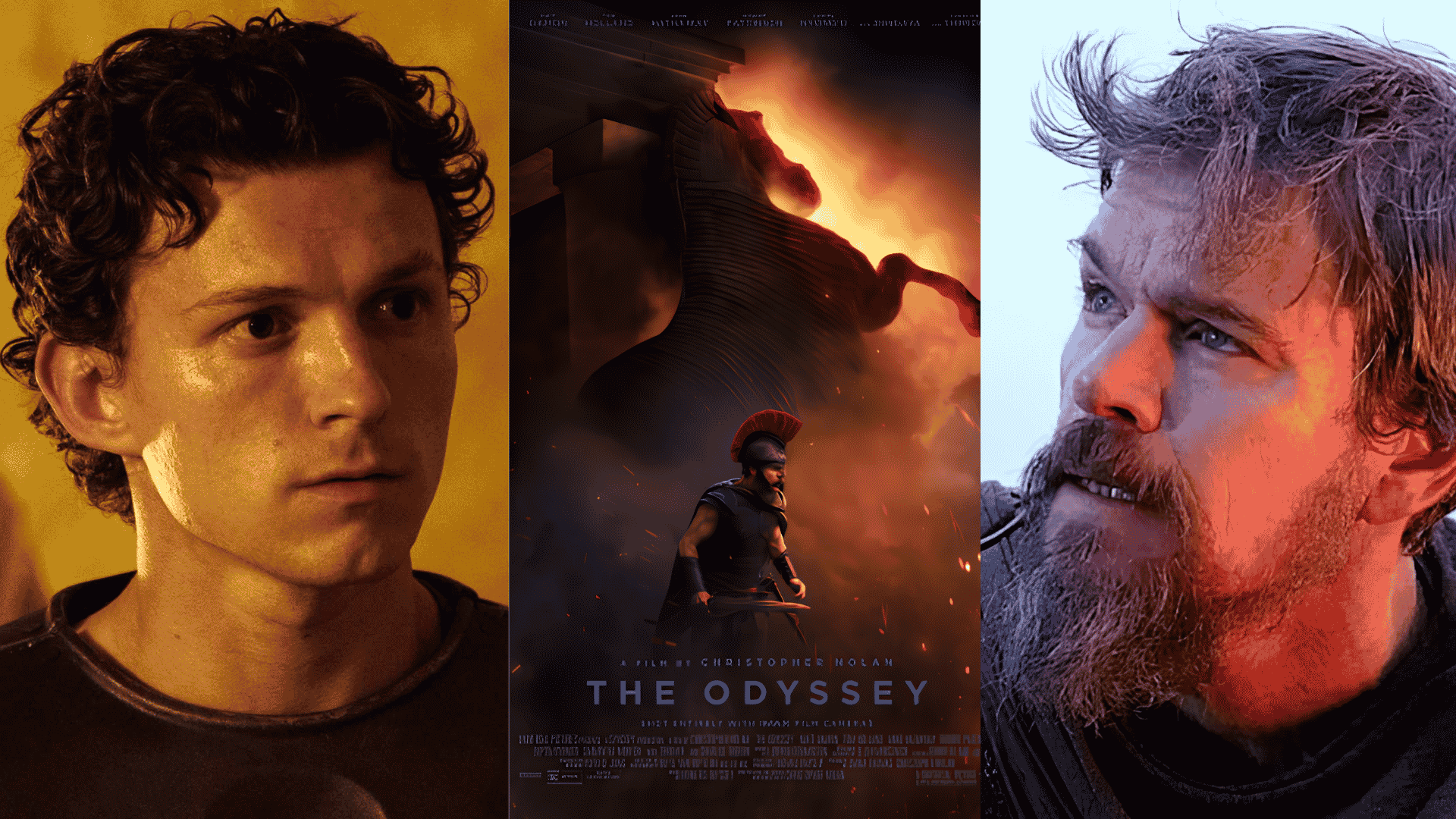 Christopher Nolan's The Odyssey featuring Tom Holland, the official movie poster, and Matt Damon