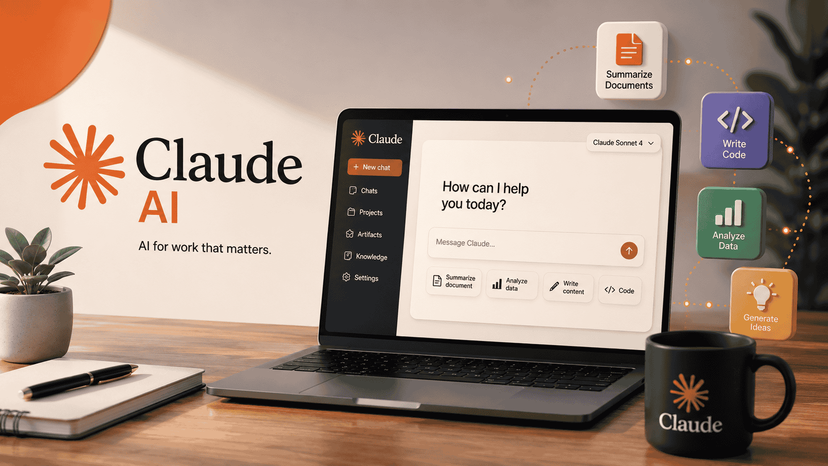 Claude AI interface on a laptop showing AI features for writing, coding, document analysis, and productivity