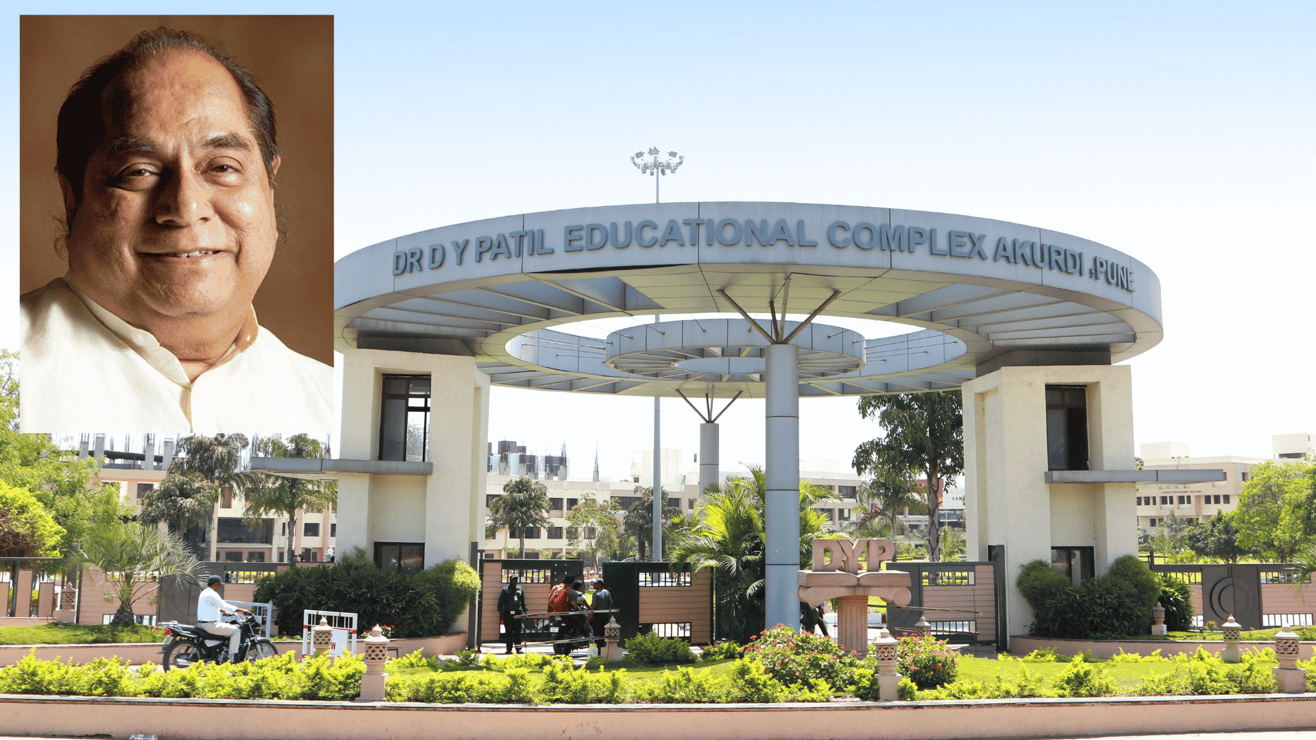 Dr. D. Y. Patil biography featuring a portrait of Padma Shri Dr. D. Y. Patil alongside the entrance of the Dr. D. Y. Patil Educational Complex in Pune, highlighting his legacy in Indian education.