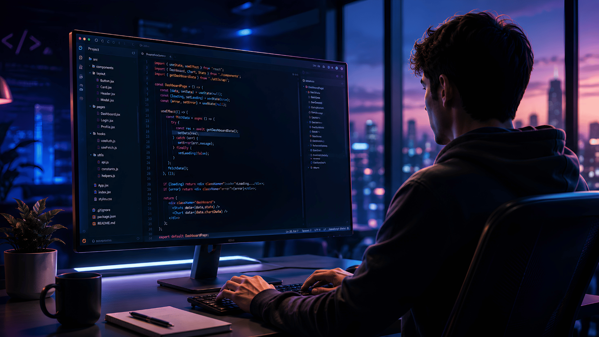 A futuristic coding workspace featuring a software developer working on a large monitor displaying programming code, with the headline "The Future of Coding: Will Developers Still Write Code in 2030?" in a modern blue and purple technology-themed environment.