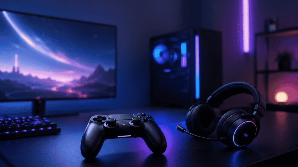 Gaming Technology Trends 2026 featuring a futuristic gaming setup with a controller, headset, RGB lighting, monitor, and gaming PC