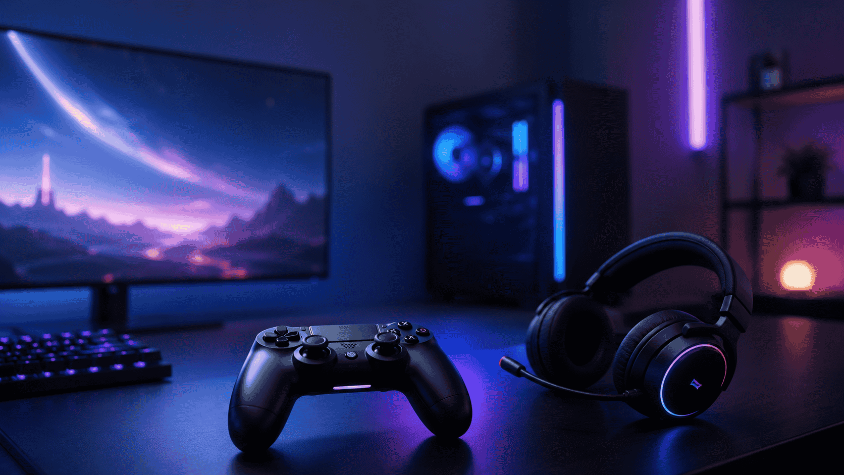 Gaming Technology Trends 2026 featuring a futuristic gaming setup with a controller, headset, RGB lighting, monitor, and gaming PC
