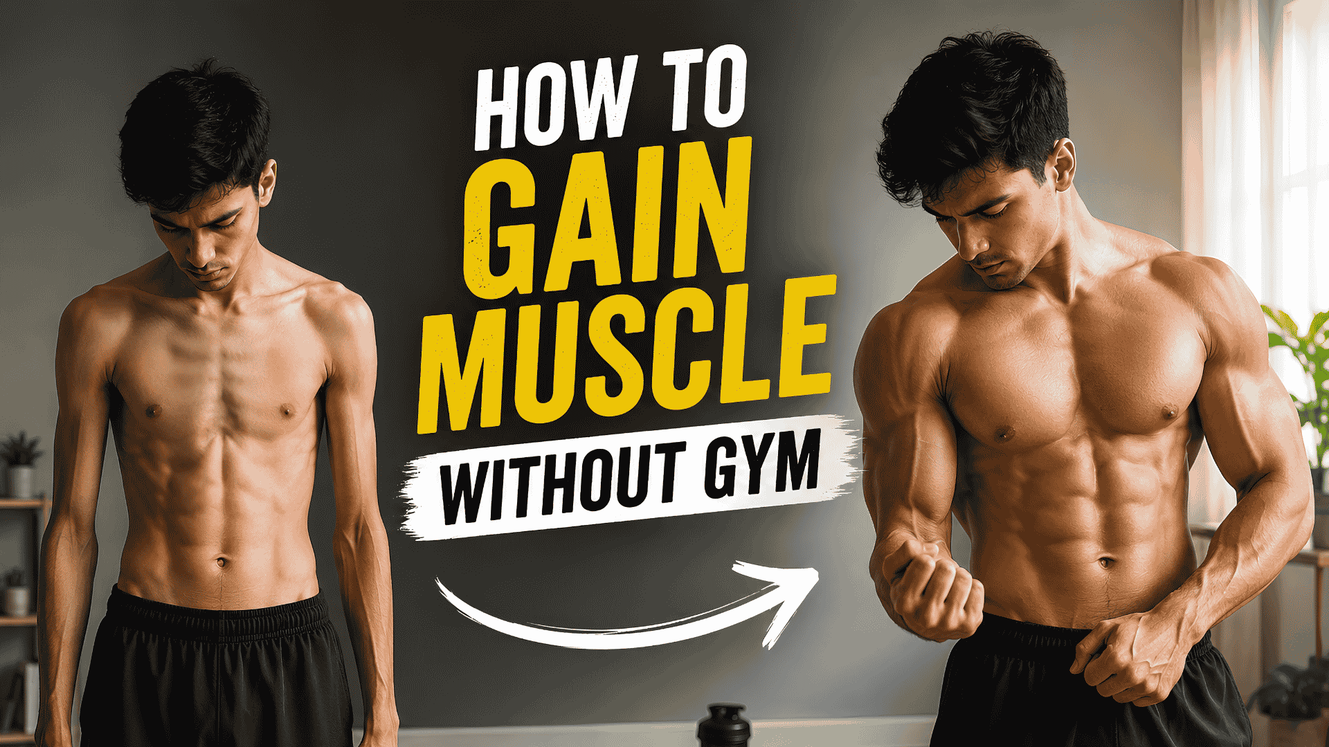 Illustration of a skinny-to-muscular body transformation showing how to gain muscle without gym through home workouts, bodyweight training, and consistent fitness.