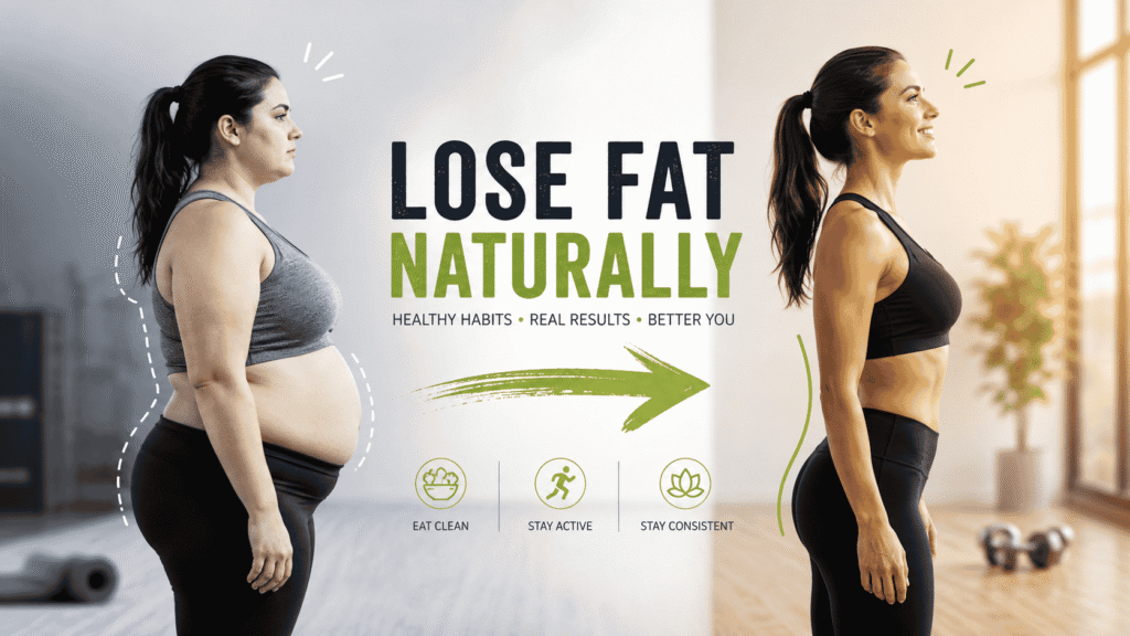 Before and after body transformation illustrating how to lose fat naturally through healthy eating, regular exercise, and consistent lifestyle habits for sustainable fat loss.