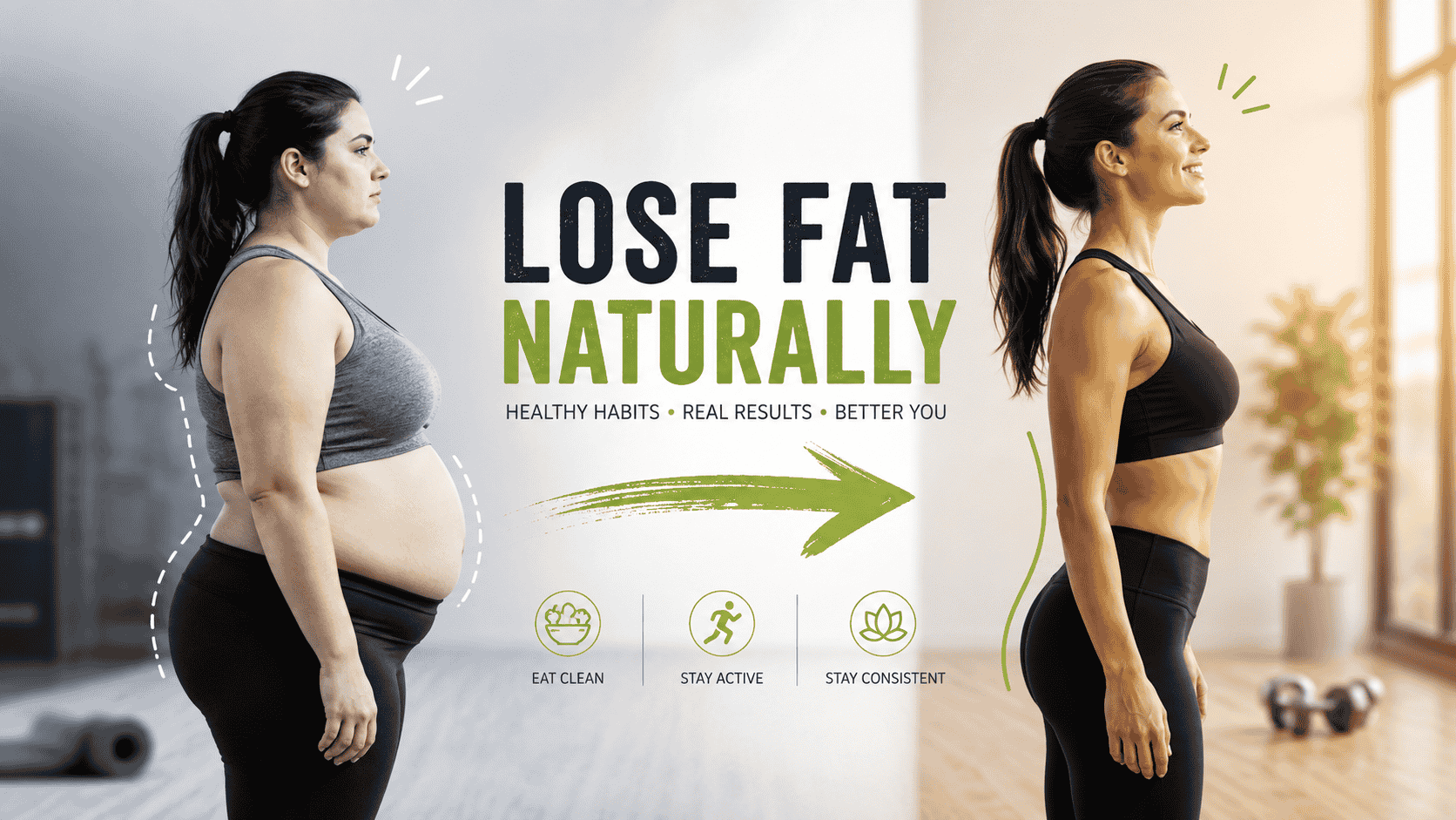 Before and after body transformation illustrating how to lose fat naturally through healthy eating, regular exercise, and consistent lifestyle habits for sustainable fat loss.