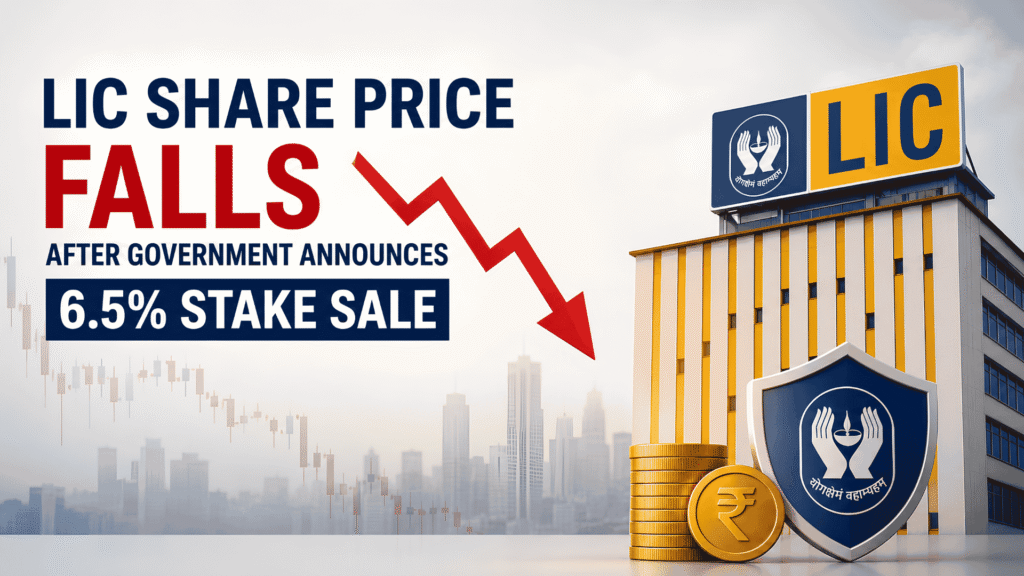 LIC share price falls after the Government of India announces a 6.5% stake sale through an Offer for Sale (OFS), illustrated with a downward stock market arrow, LIC building, and financial graphics.
