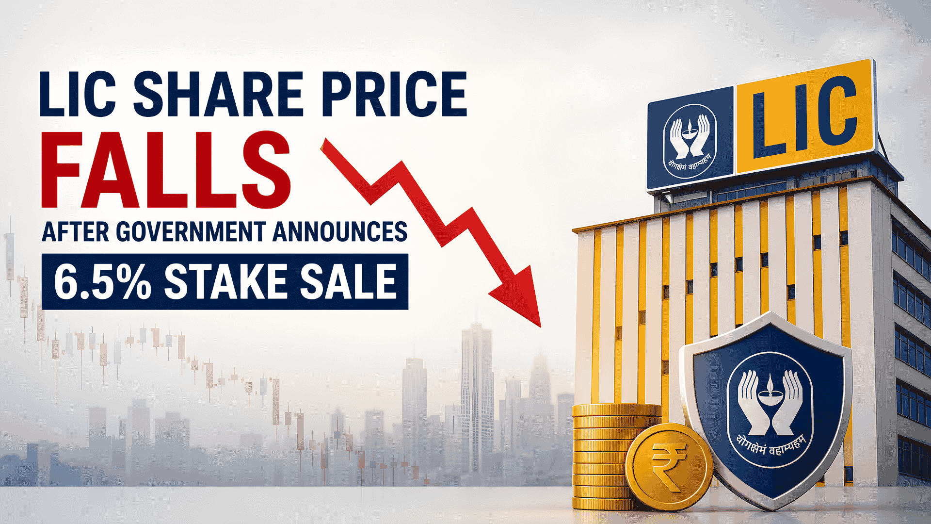 LIC share price falls after the Government of India announces a 6.5% stake sale through an Offer for Sale (OFS), illustrated with a downward stock market arrow, LIC building, and financial graphics.