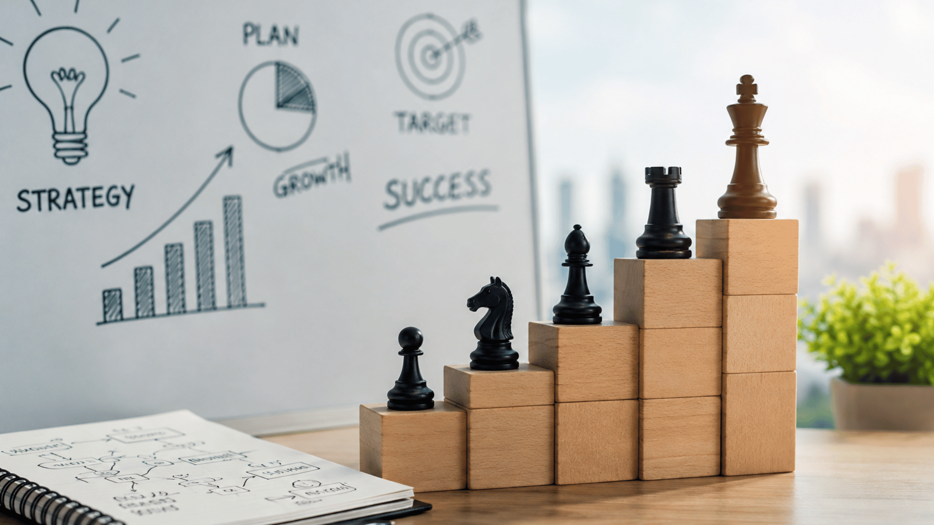 Startup Business Strategy concept showing a laptop, strategic growth blocks, business planning icons, and a rocket representing startup growth and success.