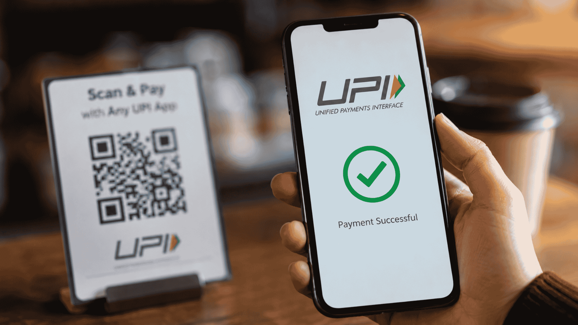 A customer making a successful UPI payment using a smartphone while scanning a QR code at a retail counter, illustrating the UPI Merchant Charges Bill and India's growing digital payment ecosystem.