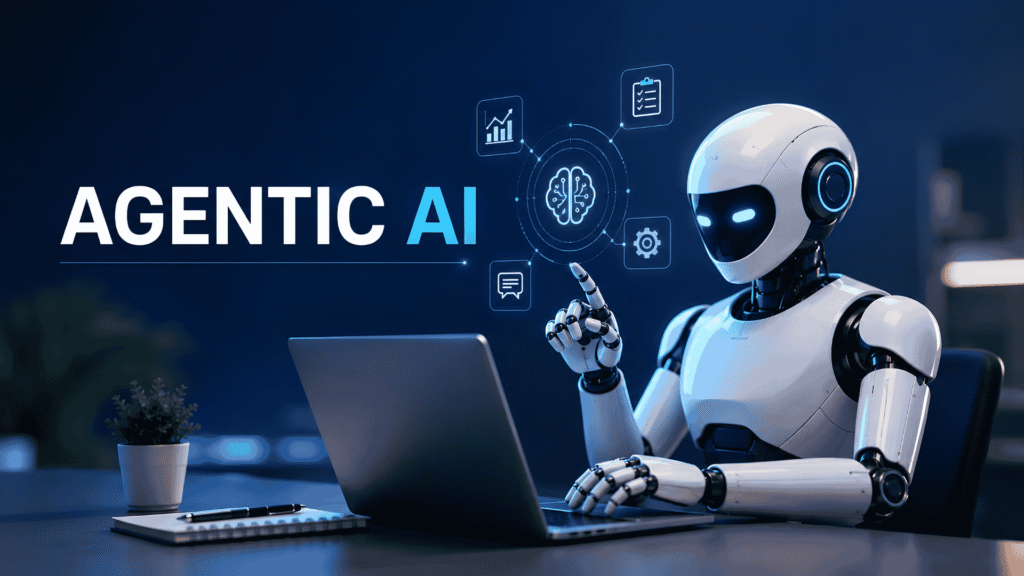 Agentic AI concept illustration showing a futuristic AI robot working on a laptop with digital AI icons, representing autonomous artificial intelligence, automation, and intelligent decision-making.