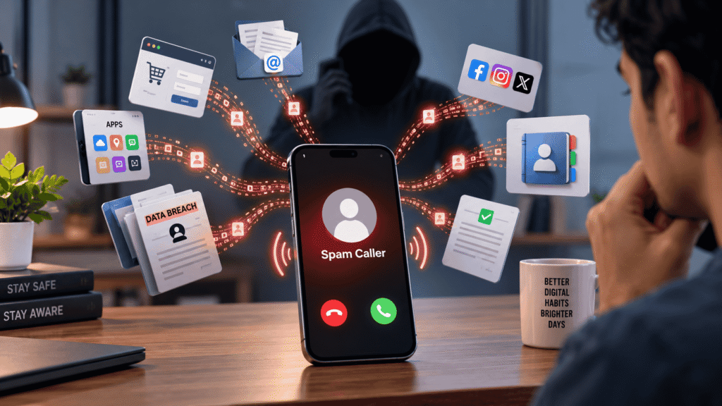 Smartphone showing how a Spam Caller Get Your Number through apps, social media, online forms, contacts, and data breaches.