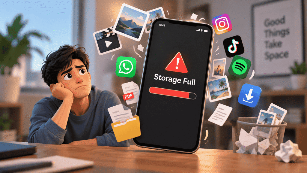Phone Storage Always Full with a smartphone showing a storage warning surrounded by photos, videos, apps, downloads, and files.