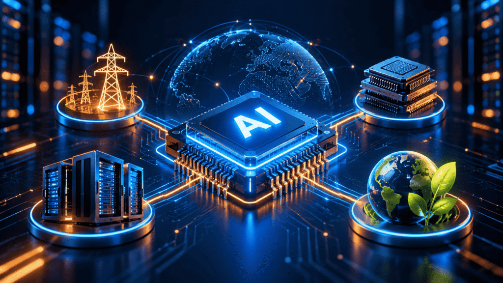 Hidden Price of the AI illustrated by a glowing neon AI chip connected to data centre servers, computer processors, power infrastructure, and a digital Earth representing the environmental impact of artificial intelligence.