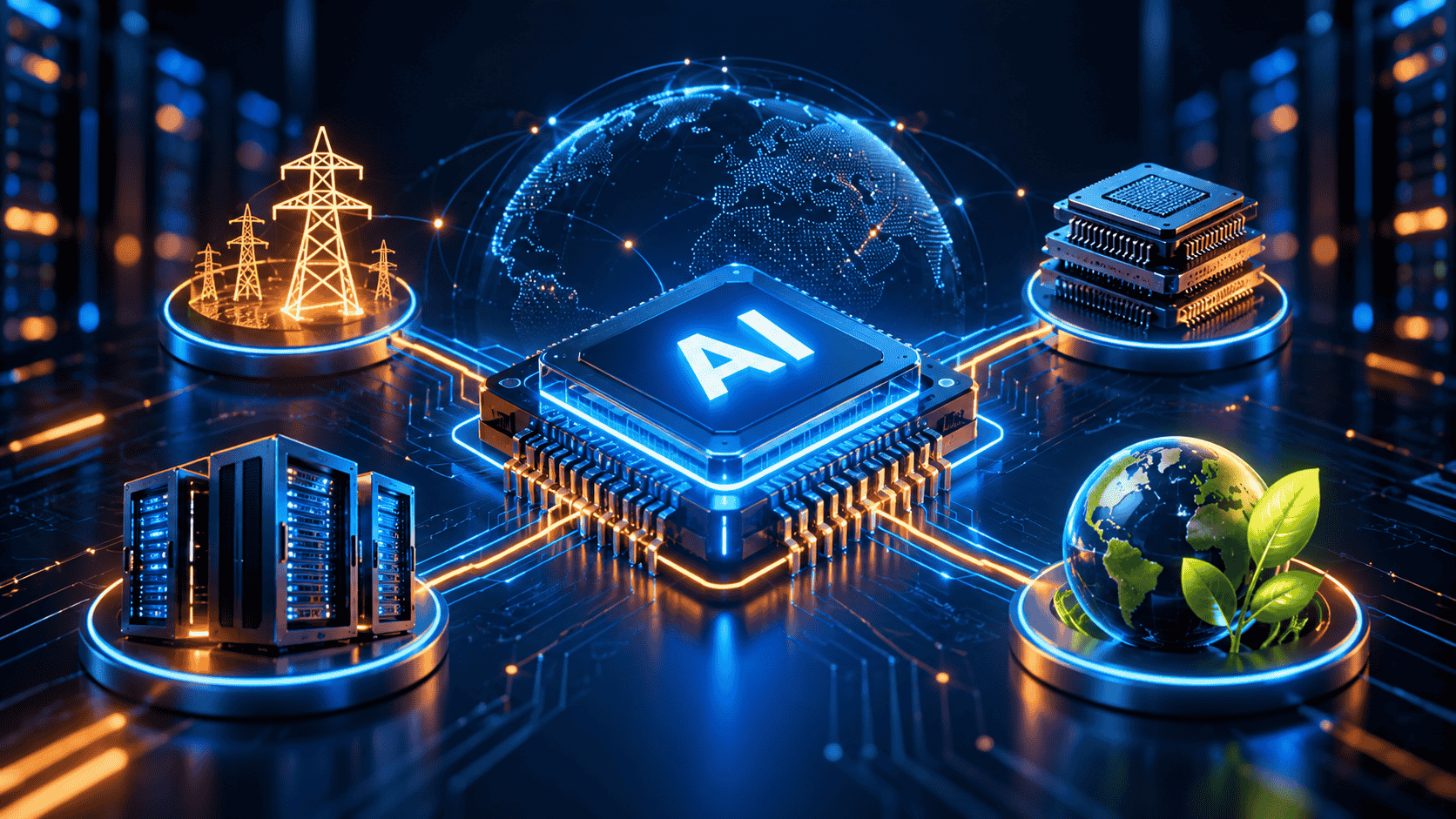 Hidden Price of the AI illustrated by a glowing neon AI chip connected to data centre servers, computer processors, power infrastructure, and a digital Earth representing the environmental impact of artificial intelligence.