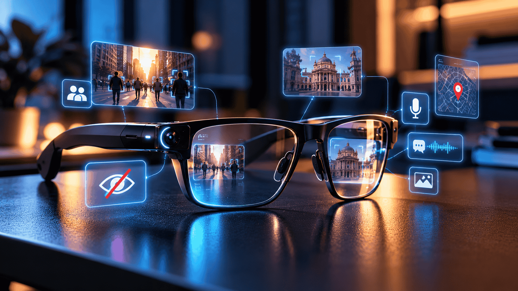 Smart Glasses Privacy Risks illustrated by futuristic smart glasses with neon blue holographic displays, AI vision, voice recording, location tracking, and digital privacy icons.