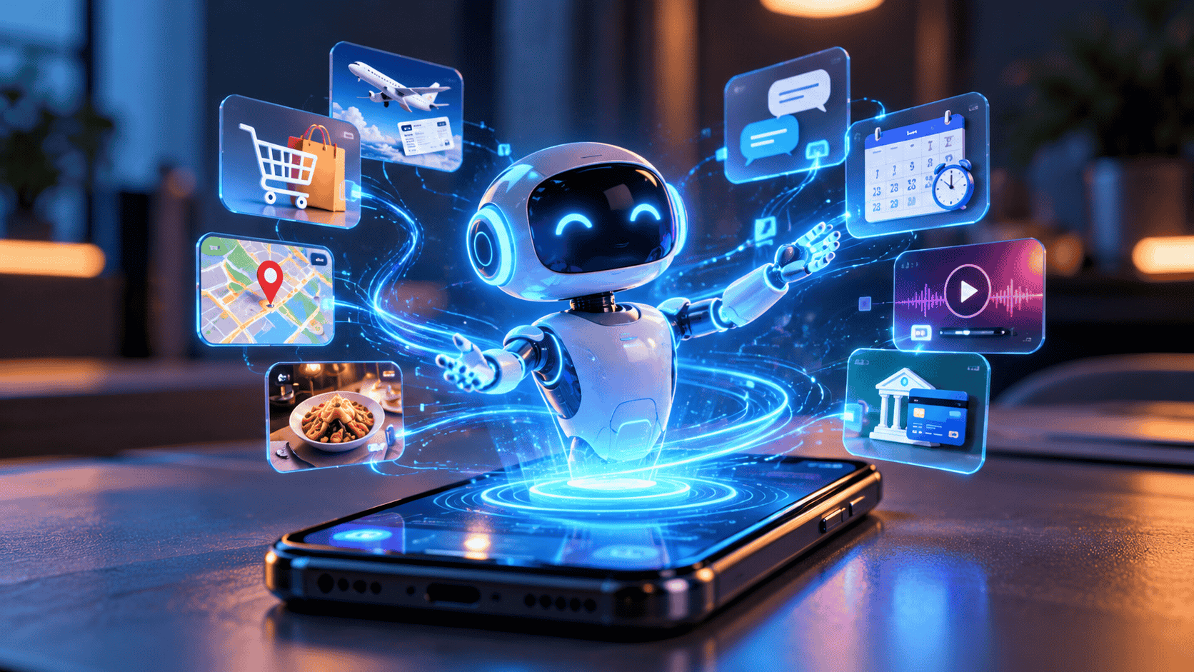 AI-powered smartphones illustrated by a glowing virtual assistant surrounded by floating app icons for shopping, travel, messaging, maps, entertainment, and banking, showing how AI could change the way we use mobile apps.