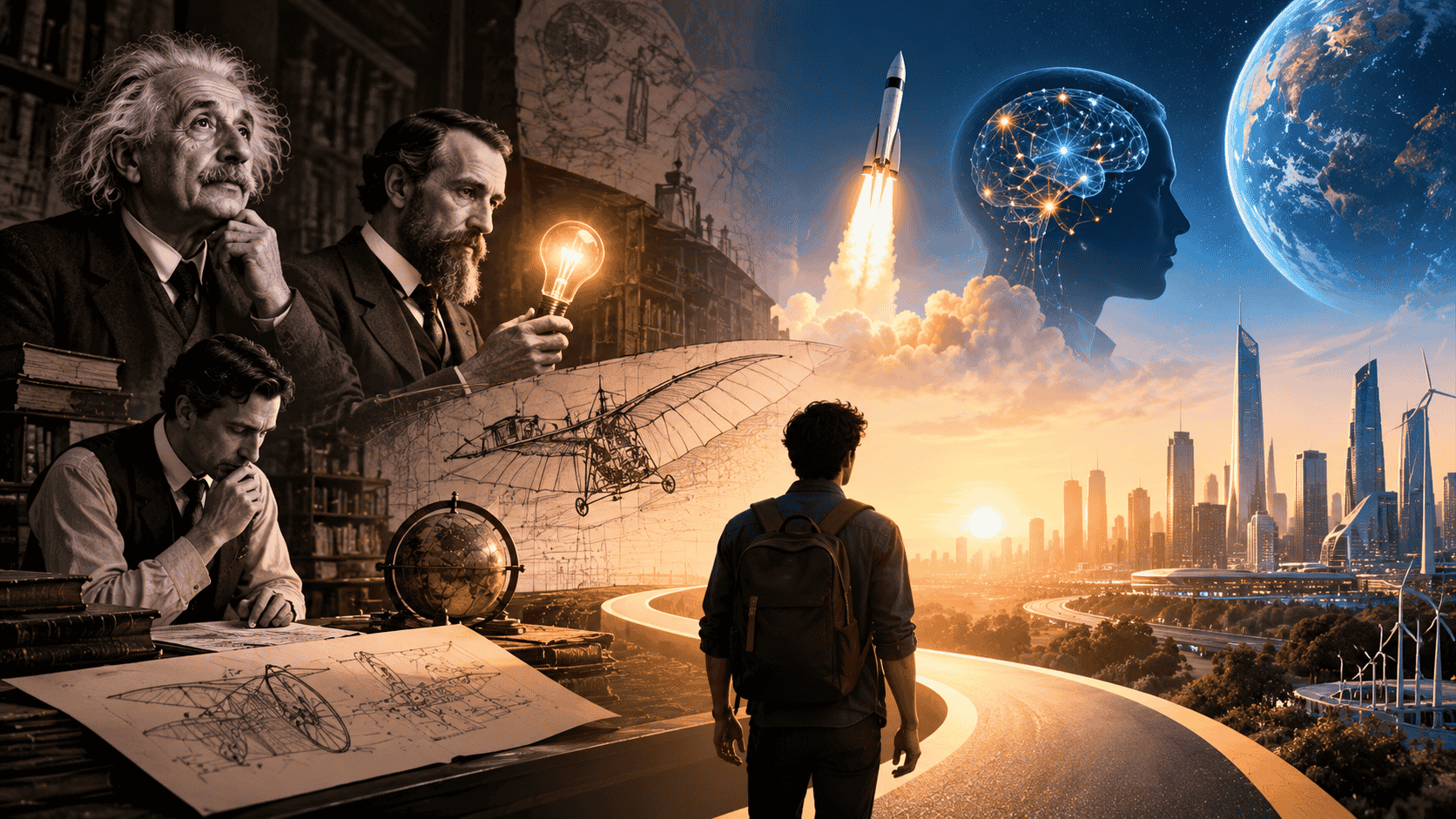Top 10 Gadgets Ahead of Their Time — a visual journey from historic inventors and early innovations to futuristic cities, artificial intelligence, and space exploration.