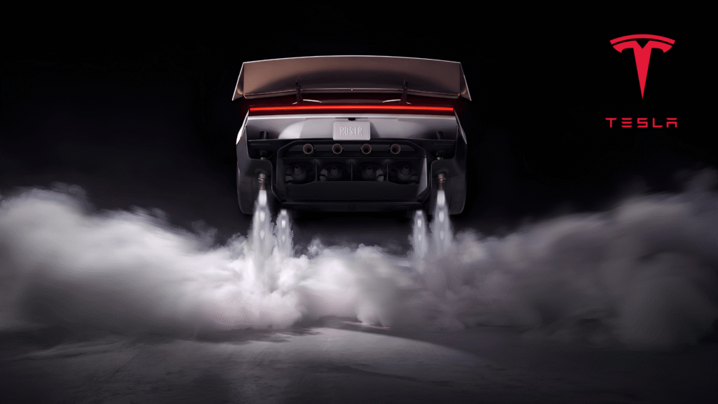 Tesla’s Flying Car hovering with rocket thrusters, showcasing its futuristic Roadster design and experimental flight technology.