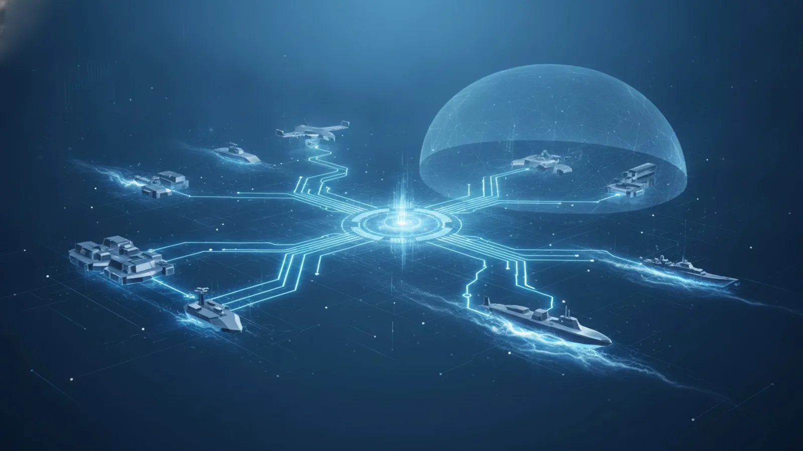 Abstract digital graphic representation of network connections and military data visualization across sea, land, and air vectors.