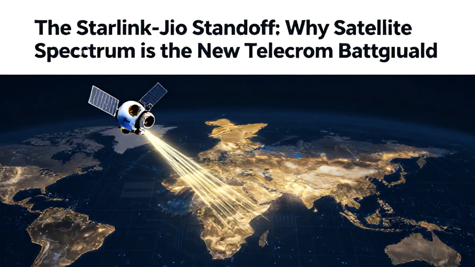 A digital rendering of a satellite in low Earth orbit transmitting data beams to a glowing map of India, symbolizing the satellite telecom industry.