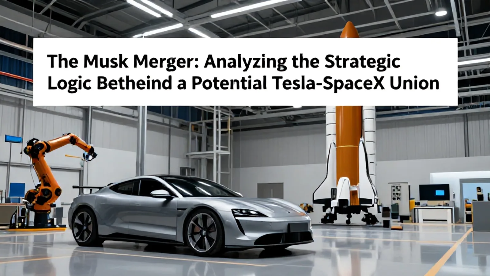 A modern metallic rocket standing alongside a sleek electric sports car inside a high-tech industrial research factory.